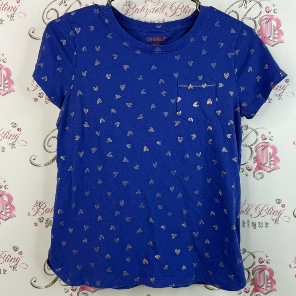 Cat & Jack t-shirt, shiny hearts, hearts, Royal Blue Tee with Silver Accent